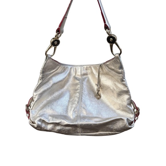 Dooney & Bourke Shoulder Bag Womens Silver Metallic Leather‎ Hobo Red Trim Purse - Picture 2 of 8